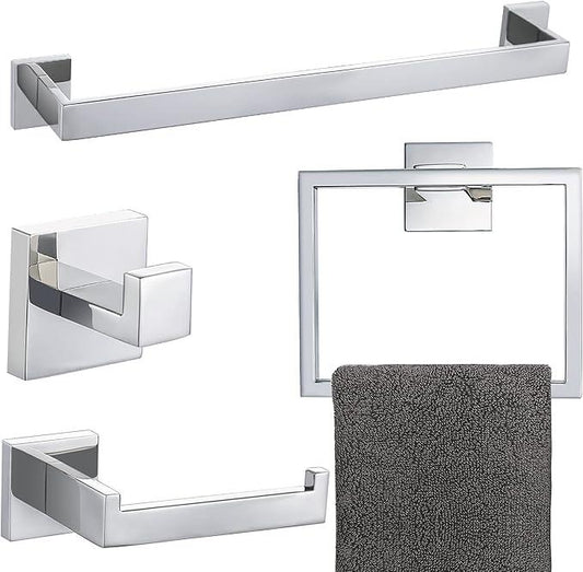 4-Piece Bathroom Hardware Set Chrome Bath Towel Bar Holder Sets Wall Mounted Stainless Steel Bathroom Accessory Kit, Polished Chrome 23.6 Inch - ModernBath