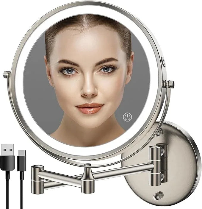Rocollos Rechargeable Wall Mounted Lighted Makeup Mirror, 8 Inch Double-Sided LED Vanity Mirror 1X/10X Magnification,3 Color Lights Touch Screen Dimmable 360°Swivel 13 Inch Extendable - ModernBath