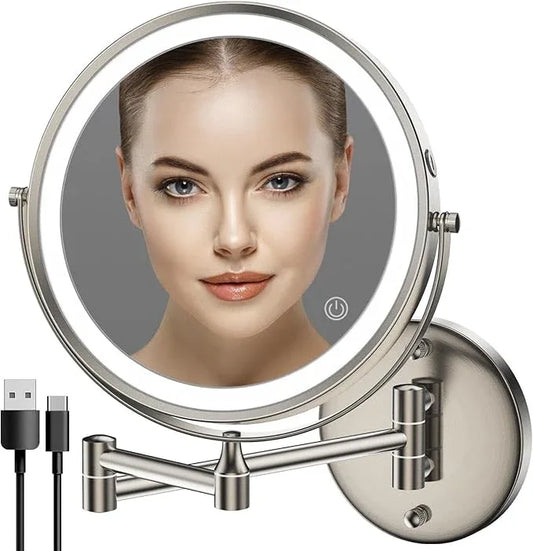 Rocollos Rechargeable Wall Mounted Lighted Makeup Mirror, 8 Inch Double-Sided LED Vanity Mirror 1X/10X Magnification,3 Color Lights Touch Screen Dimmable 360°Swivel 13 Inch Extendable - ModernBath