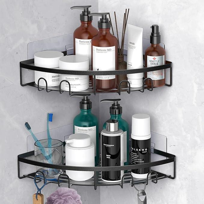Corner Shower Caddy, 2 Pack Adhesive Bathroom Shower Corner Organizer Shelf, No Drilling Rustproof Wall Mounted Shower Storage Rack Shampoo Holder Organizer (Black) - ModernBath