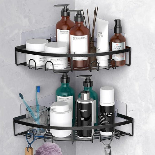 Corner Shower Caddy, 2 Pack Adhesive Bathroom Shower Corner Organizer Shelf, No Drilling Rustproof Wall Mounted Shower Storage Rack Shampoo Holder Organizer (Black) - ModernBath