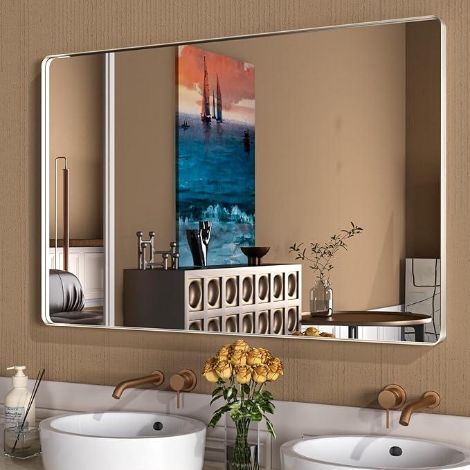 WEER 55X36 Inch Brushed Nickel Bathroom Mirror, Brushed Silver Metal Frame Mirror, Rounded Rectangle Silver Bathroom Vanity Mirror, Tempered Glass, Anti-Rust, Hangs Horizontally or Vertically - ModernBath