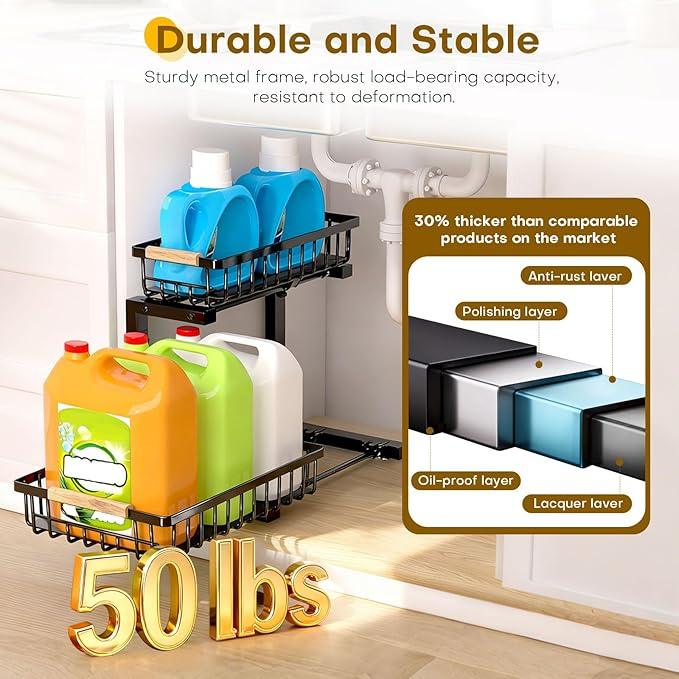 Under Sink Organizer, 2 Tier Pull Out Under-Sink Shelves, Adjustable Height (13.8" -16.9"), Sturdy Metal Storage Organizer for Bathroom Kitchen Pantry Cabinet (2 Packs, Black) - ModernBath