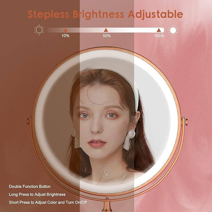Lighted Makeup Mirror, 3000 mAh Rechargeable Double Sided Magnifying Vanity Mirror with 3 Colors, 1x/10x, 360° Rotation , Brightness Adjustable Magnification Cosmetic Light up Mirror, Women Gift - ModernBath