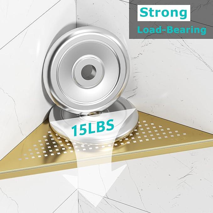 Bathroom Corner Shelf, Recessed 12" Shower Shelf Caddy, SUS304 Stainless Steel Shelf Wall Mount Triangular, No Drilling, Brushed Golden - ModernBath