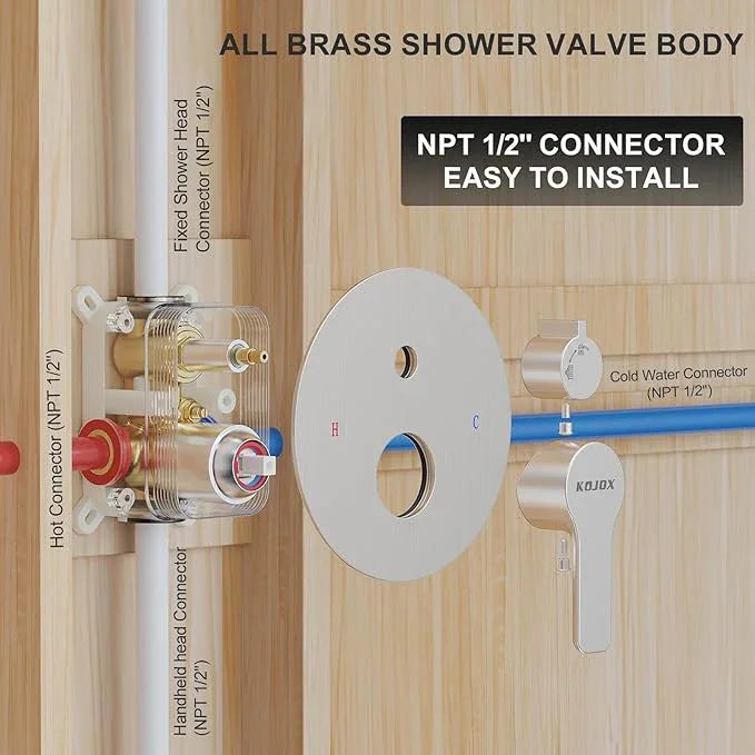 KOJOX 10 Inch Brushed Nickel Shower System with High Pressure Rain Shower Head, Handheld Shower Head, Bathroom Mixer Shower Set Wall Mounted Shower Faucet Rough-in Valve and Trim Kit - ModernBath