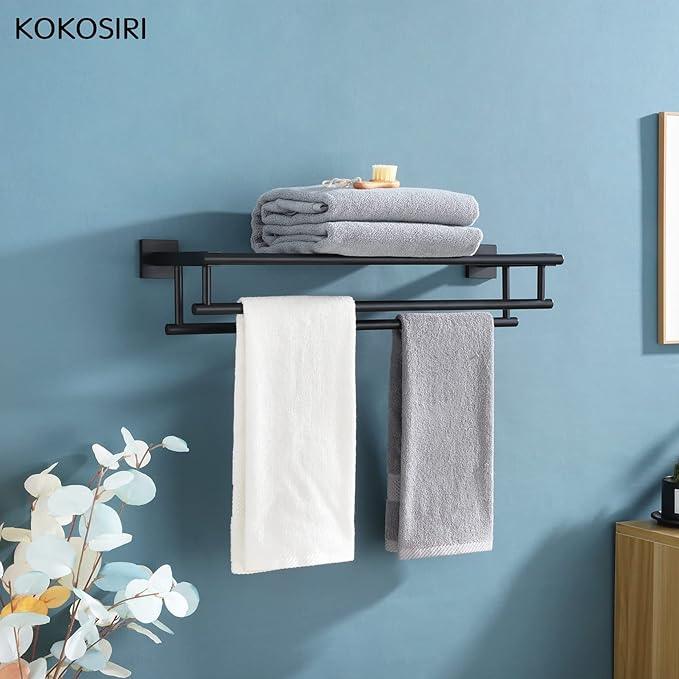 KOKOSIRI Bath Towel Rack with Double Towel Bars Bathroom Towel Shelf 24 Inch Towel Holder Wall Mounted Stainless Steel, Matte Black, B6005BK-L24 - ModernBath