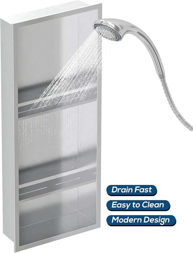 Qeke Stainless Steel Shower Niche 12" X 29", No Tile Needed Wall Niche Three-Tier, Recessed Shower Shelf for Bathroom Storage, Brushed Nickel - ModernBath