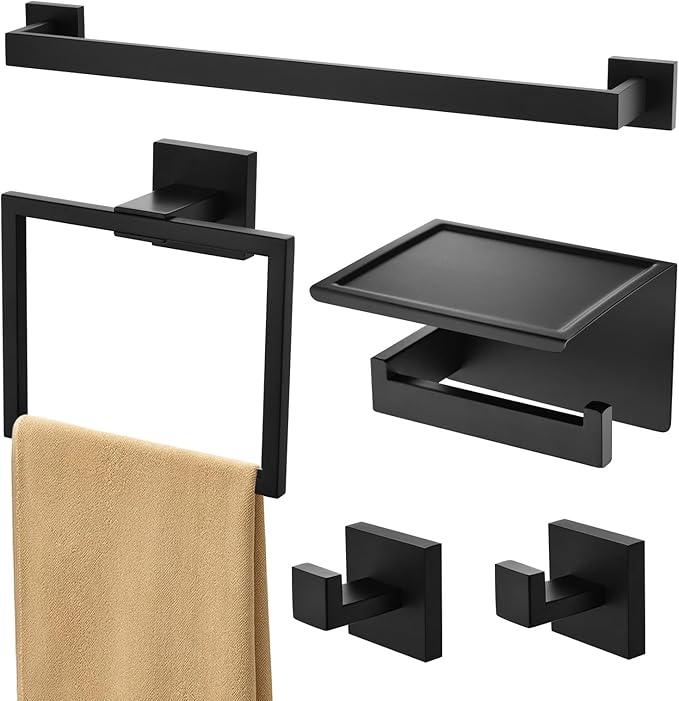 Towel Racks for Bathroom Black,5-Piece 16" Towel Bar Bathroom Hardware Accessories Wall Mounted Include Hand Towel Rod,Toilet Paper Holder with Shelf,Towel Holder,Robe Hook Matte - ModernBath