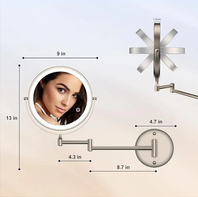 Rocollos 9" Wall Mounted Lighted Makeup Mirror, Large Double Sided 1X/10X Magnifying Mirror, 3 Color LED Vanity Mirror, Touch Dimmable 360° Swivel Light Up for Bathroom - ModernBath