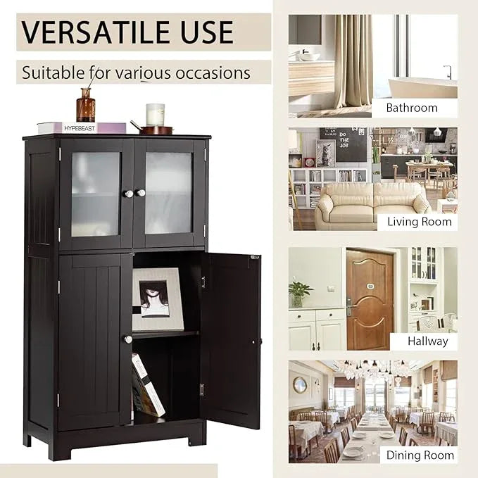 GOFLAME Bathroom Storage Cabinet, Freestanding Storage Cabinet with 4 Doors, Wooden Kitchen Cupboard with Adjustable Shelf, Buffet Sideboard, Multipurpose Home Organizer for Bathroom, Kitchen, Brown - ModernBath