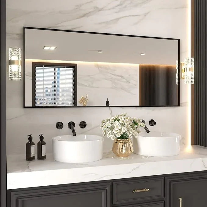 LOAAO 72"X32" Black Rectangle Bathroom Mirror Wall, Matte Black Aluminum Alloy Frame, Tempered Glass, Hangs Vertically or Horizontally, Easy to Install - ModernBath