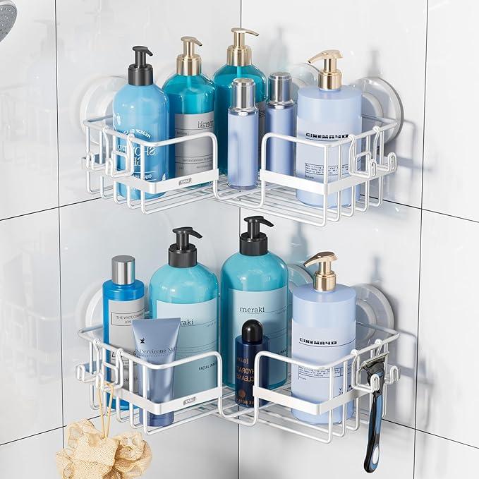 TAILI Corner-adaptive Suction Cup Shower Caddy 2 Pack, Stainless Steel Rustproof Corner Shower Shelves, Drill-Free Wall Mounted Baskets, Large Capacity Removable Suction Cup Bathroom Organizer, White - ModernBath