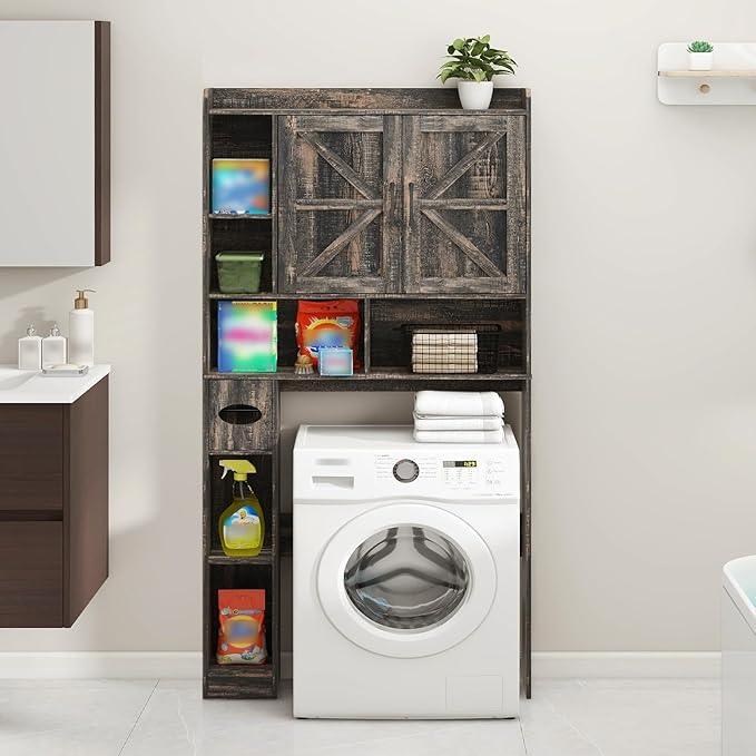 Over The Toilet Storage Cabinet, Farmhouse Storage Cabinet Over Toilet with 2 Barn Doors & Toilet Paper Holder Stand，Home Space-Saving Toilet Rack, for Bathroom, Restroom, Laundry - ModernBath