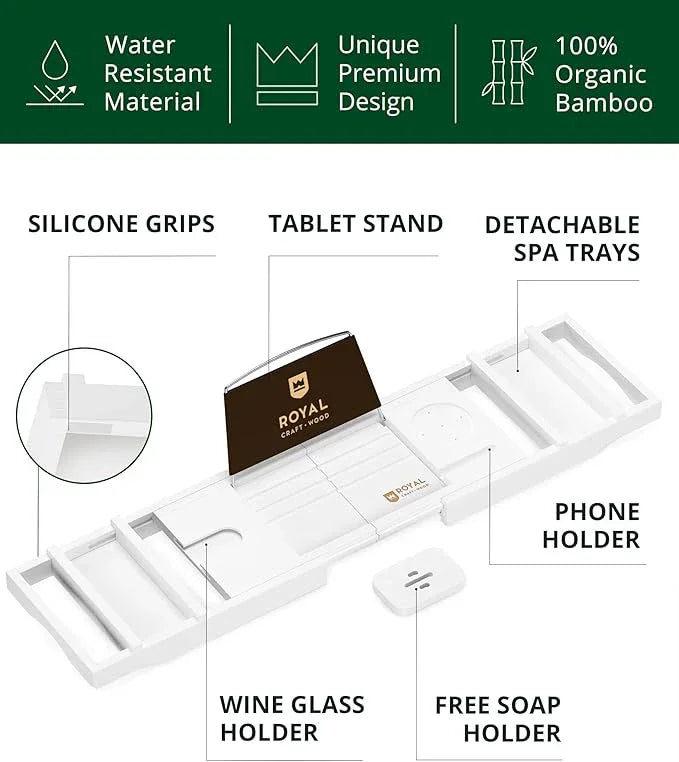 ROYAL CRAFT WOOD Premium Foldable Bathtub Tray - Wood Bath Tray for Tub, Bamboo Shelf, Expandable Bath Table Trays, Bathtub & Bathroom Accessories for New Home & Mothers Day & Birthday Gifts for Mom - ModernBath