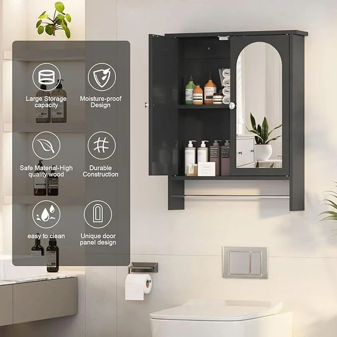 Bathroom Medicine Cabinet Mirror,Arched Bathroom Cabinet with Mirror,Surface Mount Medicine Cabinet Wall Mounted,Mirrored Medicine Cabinets with Towel Bar,Black Wall Cabinet 22x28 - ModernBath