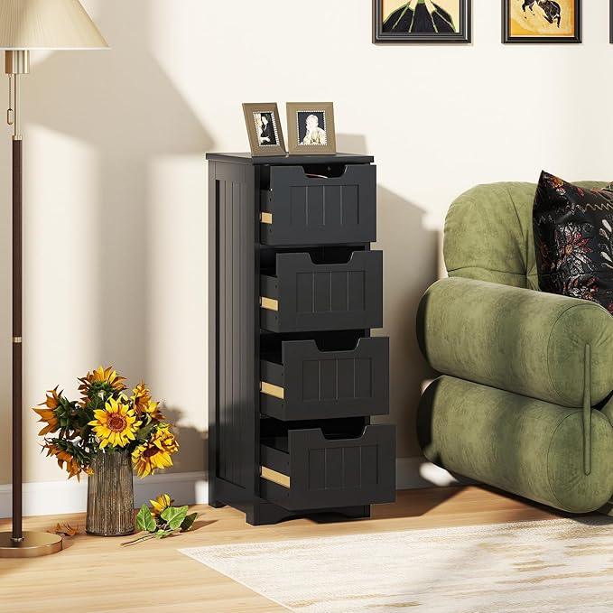Tangkula Bathroom Floor Cabinet with 4 Drawers, 12 x 12 x 33 Inch, Freestanding Storage Cabinet for Bathroom Living Room, Wooden Cabinet Organizer Unit for Home Office (Black) - ModernBath