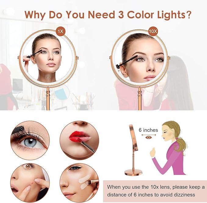Lighted Makeup Mirror, 3000 mAh Rechargeable Double Sided Magnifying Vanity Mirror with 3 Colors, 1x/10x, 360° Rotation , Brightness Adjustable Magnification Cosmetic Light up Mirror, Women Gift - ModernBath