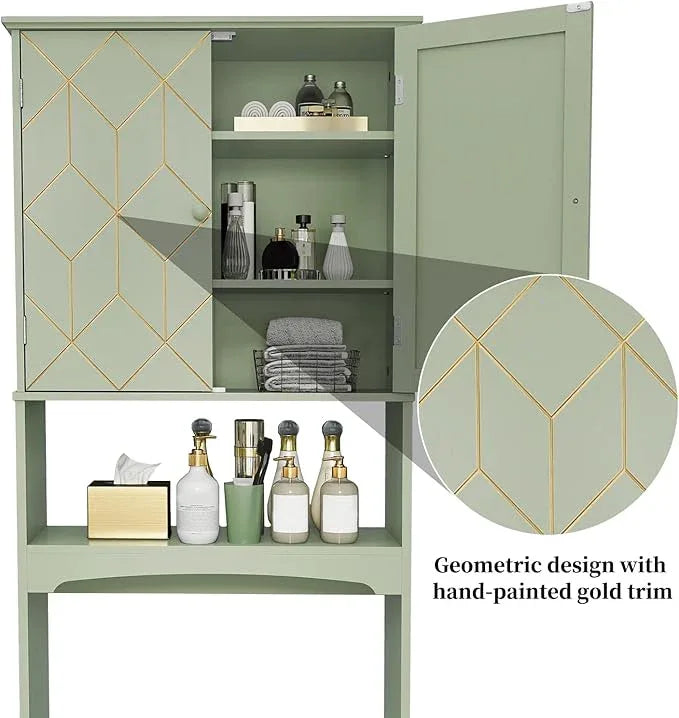 HLR Over The Toilet Storage Cabinet with Gold Trim, Over Toilet Bathroom Organizer with Adjustable Shelves and Toilet Paper Holder, Above Toilet Storage Cabinet Spacesaver for Bathroom (Green) - ModernBath