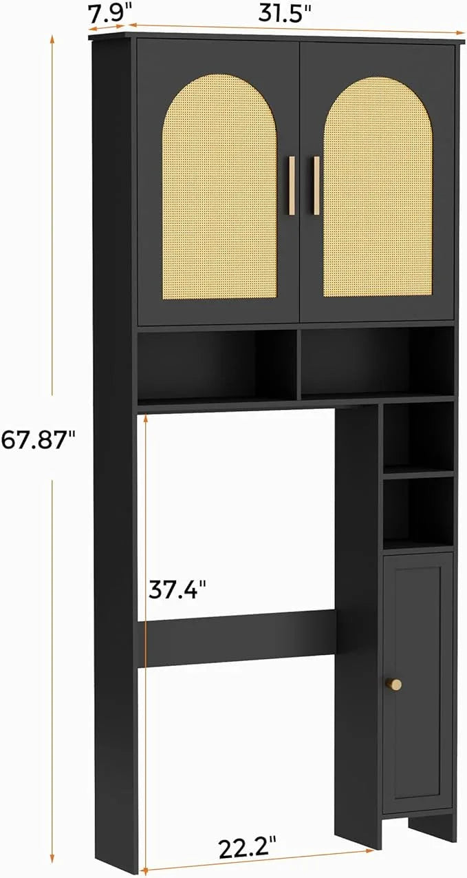 Homhedy 67" H Over The Toilet Storage Cabinet, Boho Bathroom Organizer with Rattan Decorated Doors, Adjustable Shelves, Toilet Paper Holder, Space-Saving Bathroom Shelf, Natural and Black - ModernBath