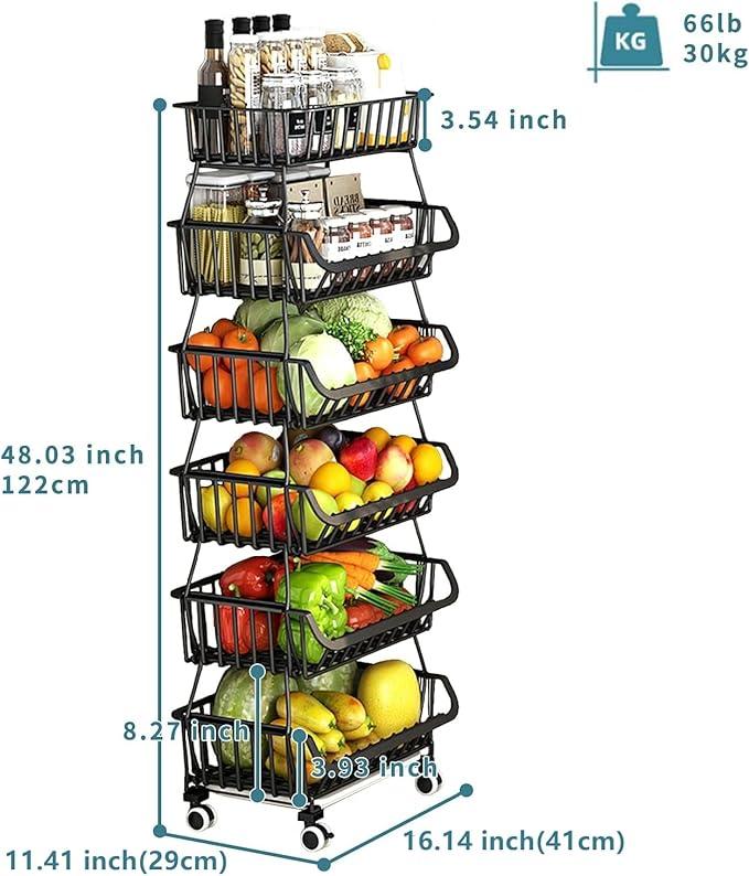 Metal Wire Baskets with Wheels, Stackable Storage Bins Kitchen Organizer Shelf 3-4-5-6 Tier Fruit Vegetable Cart Dishes Seasonal Rack Shelves for Garage, Pantry, Bathroom - ModernBath