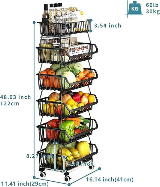 Metal Wire Baskets with Wheels, Stackable Storage Bins Kitchen Organizer Shelf 3-4-5-6 Tier Fruit Vegetable Cart Dishes Seasonal Rack Shelves for Garage, Pantry, Bathroom - ModernBath