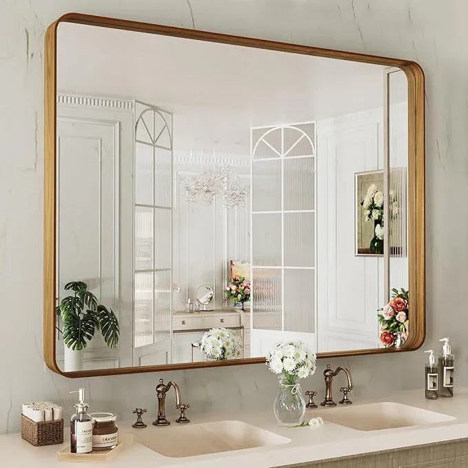 LOAAO 48X36 Inch Bathroom Mirror with Wood Grain Colored Metal Frame, Rounded Rectangle Metal Framed Bathroom Mirror, Anti-Rust, Hangs Horizontally or Vertically, Tempered Glass - ModernBath