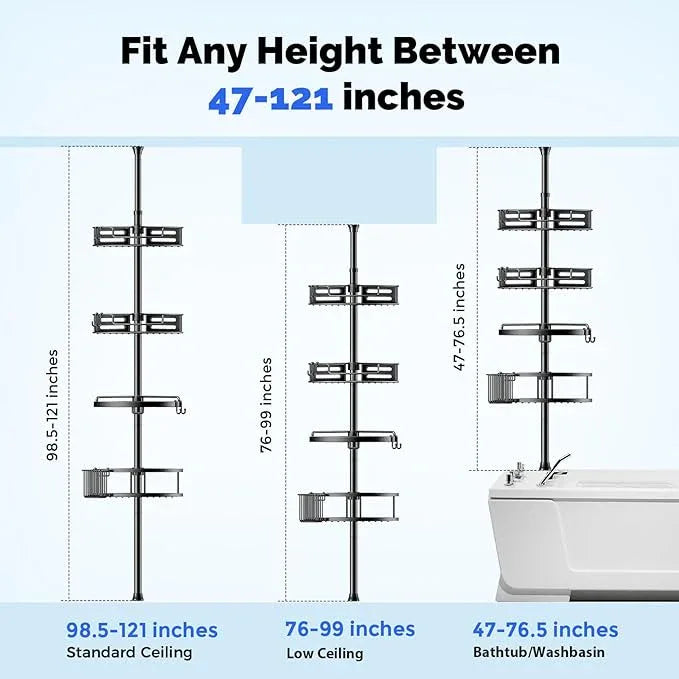 HAMITOR Corner Shower Caddy Tension Pole: Quick Installation 4-Tier Rustproof Bathroom Organizer Shelves for Bathtub Shampoo Storage - 47-121 inch Adjustable Floor Standing Bath Rack Holder - Black - ModernBath