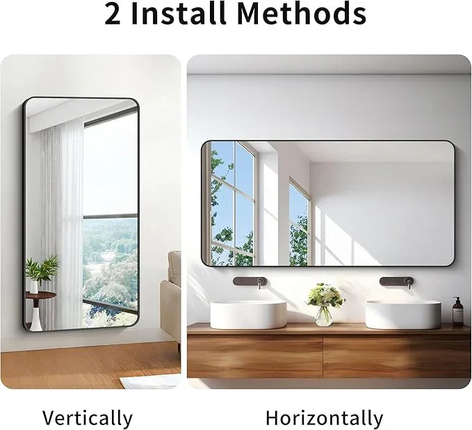 BONEWEI 30x60 inch Bathroom Mirror,Black Rectangle Mirror,Wall Mounted Bathroom Frame Vanity Mirror with Round Corner for Bedroom Living Room, Entryway Hangs Horizontal or Vertical - ModernBath