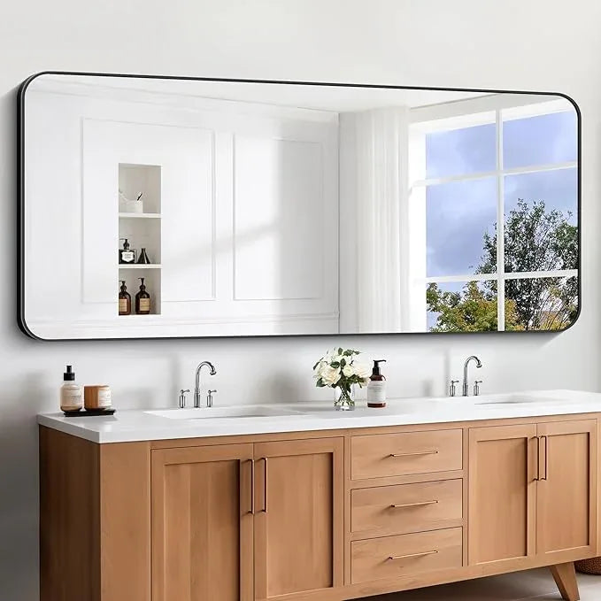 CIVENO Large Bathroom Mirror, 72x30 inch Black Metal Frame Rectangular Vanity Mirror, Rounded Corner Wall Mounted Rectangle Mirrors for Bedroom Living Room Hangs Horizontal Or Vertical - ModernBath