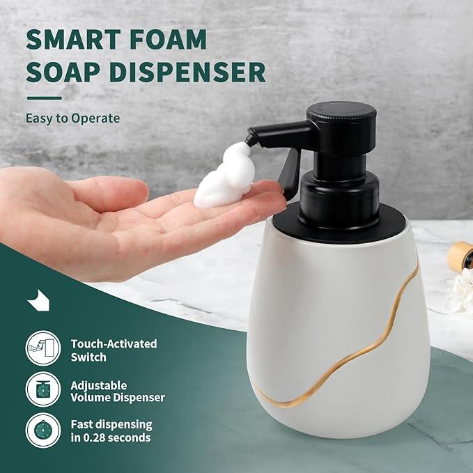 BosilunLife Automatic Foaming Soap Dispenser - Battery Operated Foam Hand Soap Electric Dispenser for Bathroom Ceramic Smart Auto Dish Soap Dispenser for Kitchen Waterproof, White,17 oz - ModernBath