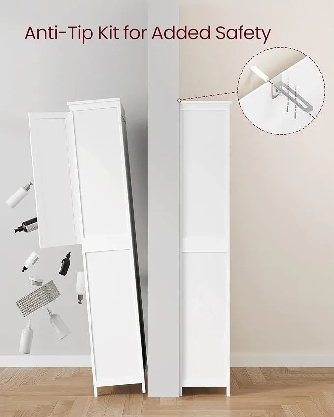 VASAGLE Floor Storage Cabinet, Freestanding Storage Unit with 4 Doors, Adjustable Shelves, 11.8 x 23.6 x 66.9 Inches, for Entryway, Bathroom, Cloud White UBBC550W01 - ModernBath