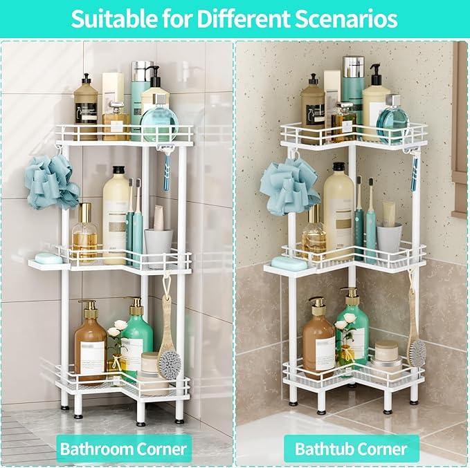 HapiRm Corner Shower Caddy Standing - 3 Tier Shower Organizer Corner with Soap Holder, Rustproof Bathroom Standing Organizer with 4 Hooks, White - ModernBath