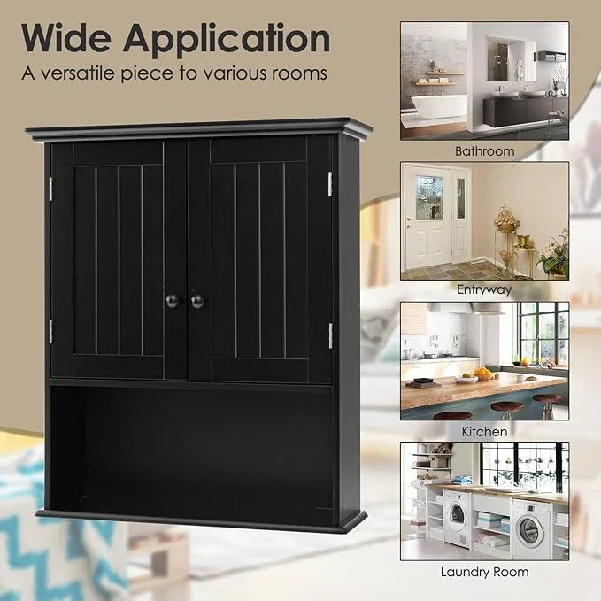 Tangkula Wall Mount Bathroom Cabinet Wooden Medicine Cabinet Storage Organizer with 2-Doors and 1-Shelf Cottage Collection Wall Cabinet (Black) - ModernBath
