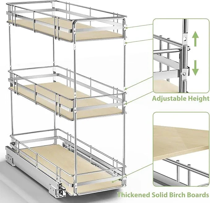 ROOMTEC 3-Tier Pull Out Cabinet Organizer Spice Rack for Narrow Cabinet 9" W x 20½" D, Slide Out Wood Shelves Storage for Kitchen - ModernBath