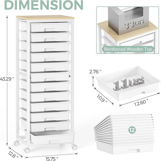 Rolling Cart with Drawers,12 Drawer Rolling Cart,Rolling storage cart with drawers,White Rolling Drawer Cart,Teacher Rolling Cart for Classroom Storage,Craft Cart with Wooden Tabletop