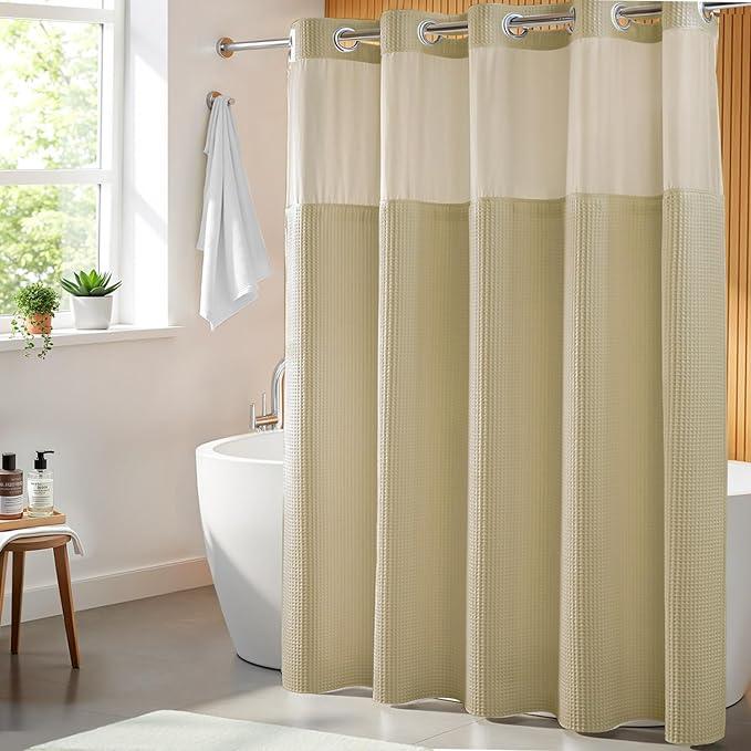 River Dream Linen Fabric Shower Curtain Set, Cotton Blend, Waffle Weave, with Snap in Replacement Liner，71 x 74 inches - ModernBath