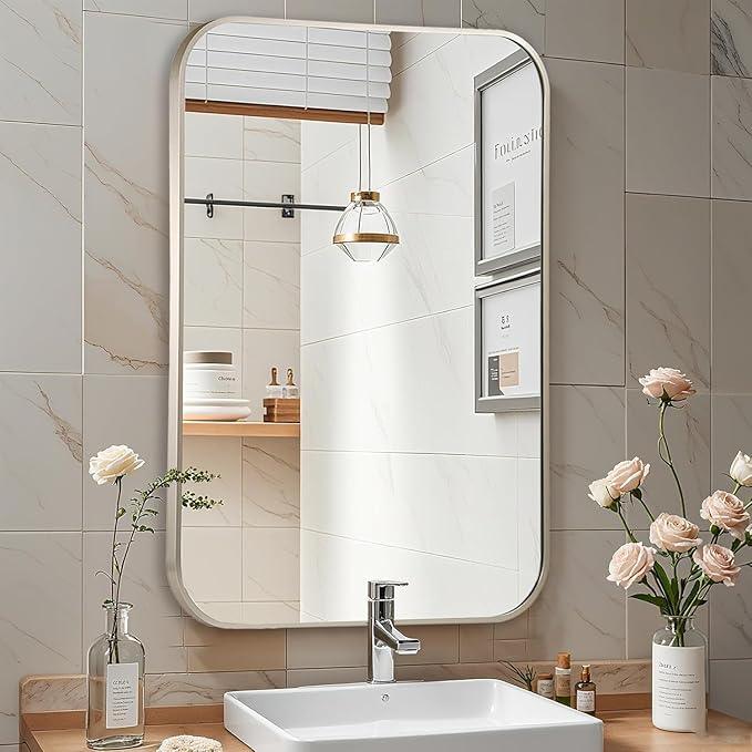 CLBA Brushed Nickel Mirror, 30x36 Inch Brushed Nickel Rectangle Mirror, Aluminum Alloy Framed Vanity Mirror, Rounded Rectangle Bathroom Mirror for Over Sink, Anti-Rust - ModernBath