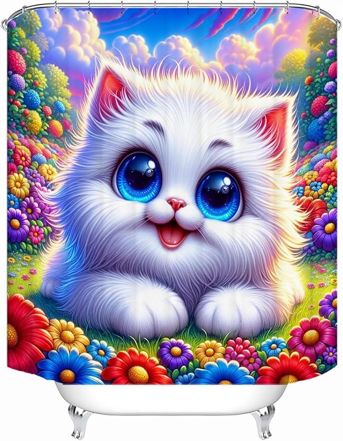 LYFANS Bathroom Using White Cat 3D Shower Curtains, Deluxe Bathtub Standard Shower Curtain, Waterproof and Bright Fabric Shower Curtain Size (72x72 Inches) - ModernBath