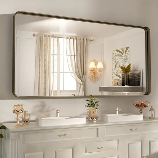 WEER 60x36 Inch Bronze Bathroom Mirror for Vanity, Brushed Bronze Metal Frame Mirror for Wall, Rounded Rectangle Bronze Frame Mirror with Tempered Glass, Anti-Rust (Horizontal/Vertical) - ModernBath