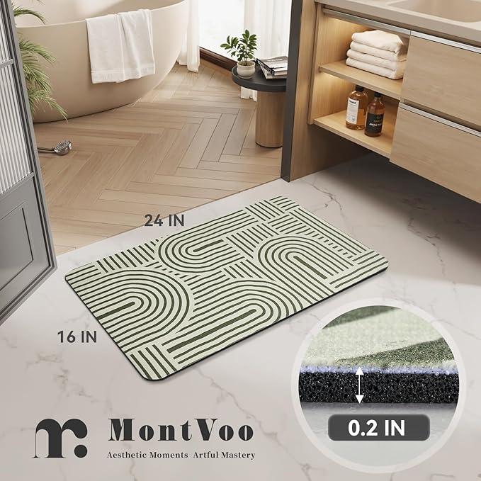 MontVoo -Bath Mat-Non Slip Thin Bathroom Rugs Fit Under Door- Quick Dry Absorbent Faux Suede Surface Grey Bathroom Floor Mats-Shower Rug for in Front of Bathtub Shower Ivory & Green Arched 16x24 - ModernBath