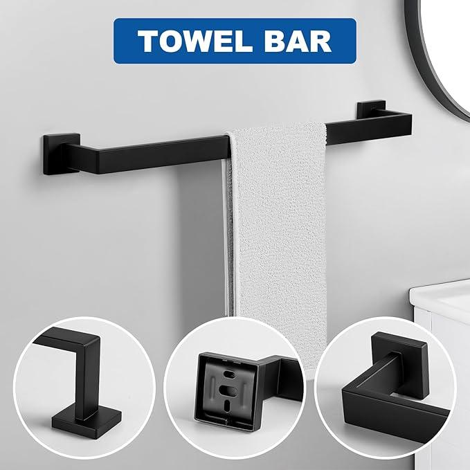 Cilee 15-Pieces Bathroom Hardware Set - Matte Black Bathroom Accessories, 24 Inch Towel Bar, Square Towel Ring, Toilet Paper Holder, Towel Hook, Wall-Mounted Stainless Steel Towel Bar Rack Set - ModernBath