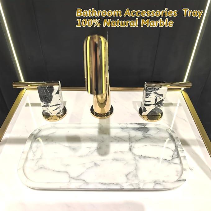 Marmor Real Natural Marble Bathroom Tray for Perfume, Candles, Jewelry Stone Vanity, Bathroom & Kitchen Counter Organizer and Home Decor Statuario White（11.41 * 5.51 * 0.7） - ModernBath