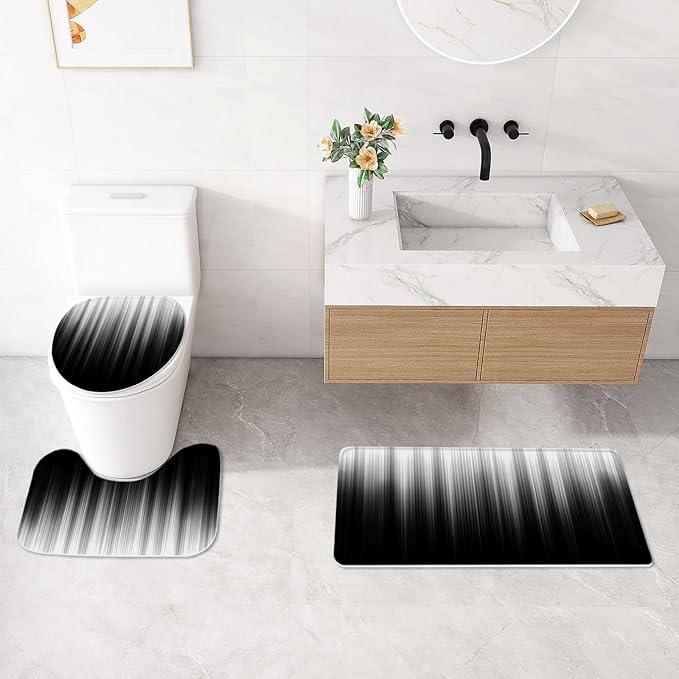 Litabel 4 Pcs Grey and Black Gradient Shower Curtain Set with Rugs and Toilet Lid Cover, Modern Simple Waterproof Fabric Bathroom Set, Ombre Stripe Gothic Abstract Bathroom Decor Set Accessories - ModernBath