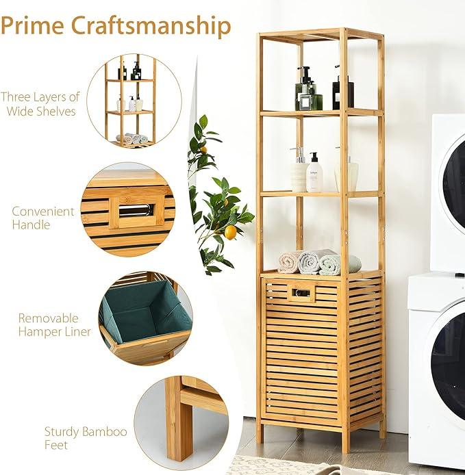 Giantex 63'' Tilt Out Laundry Hamper and 4-Tier Storage Shelves, Removable Clothes Basket with Easy Carry, Bamboo Tower Hamper Organizer, Great for Bathroom, Bedroom, Laundry Room, Closet, Nursery - ModernBath