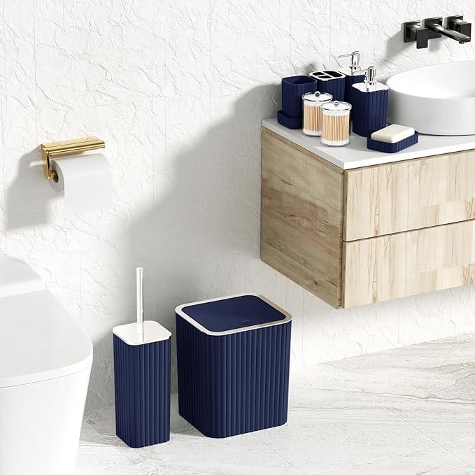 XLHOMO Navy Blue Bathroom Accessories Set - Gorgeous Bathroom Set, 10PC Bathroom Accessory Set, Toilet Brush, Trash Can, Qtip Holder Dispenser & Soap Dispenser - ModernBath