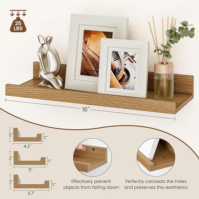 Heimlove Floating Shelves Set of 6, 16" Wall Mounted Picture Ledge, Display Shelf Organizer for Decor Storage, Wall Mounted Shelves for Living Room, Bedroom, Bathroom, Kitchen (Oak) - ModernBath