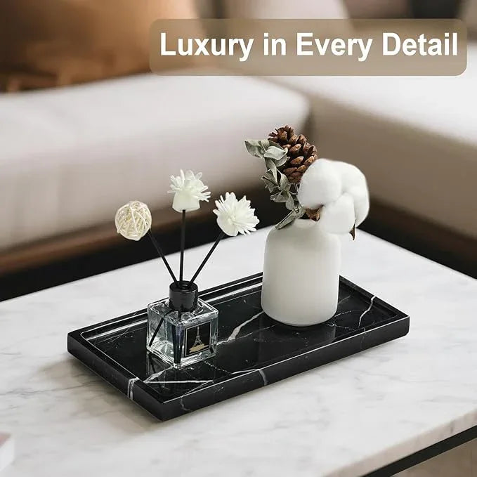 Natural Marble Vanity Tray - Moujings Genuine Marble Perfume Tray for Bathroom Decor, Stone Bathroom Vanity Organizer Tray for Kitchen Counter, Candles, Jewelry, Coffee, Makeup, Key - ModernBath