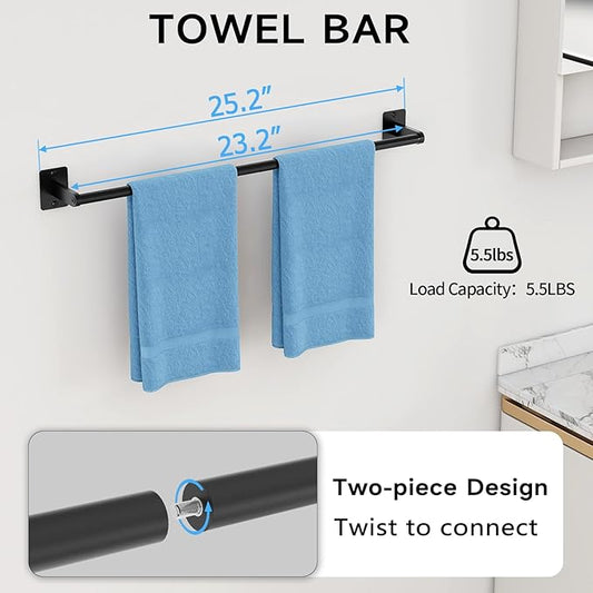 10 Pieces Bathroom Accessories Set, Bathroom Hardware Set, 24 inch Towel Bar, Towel Racks for Bathroom, Robe Towel Hooks, Toilet Paper Holder Wall Mounted, Black