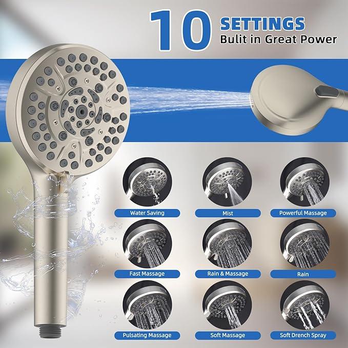 All Metal Shower Head, 10" High Pressure Rainfall/Handheld Shower Combo with 11" Extension Arm, 10-Spray Handheld Showerhead, 71" Long Hose, 3-Way Diverter Valve, Brushed Nickel - ModernBath